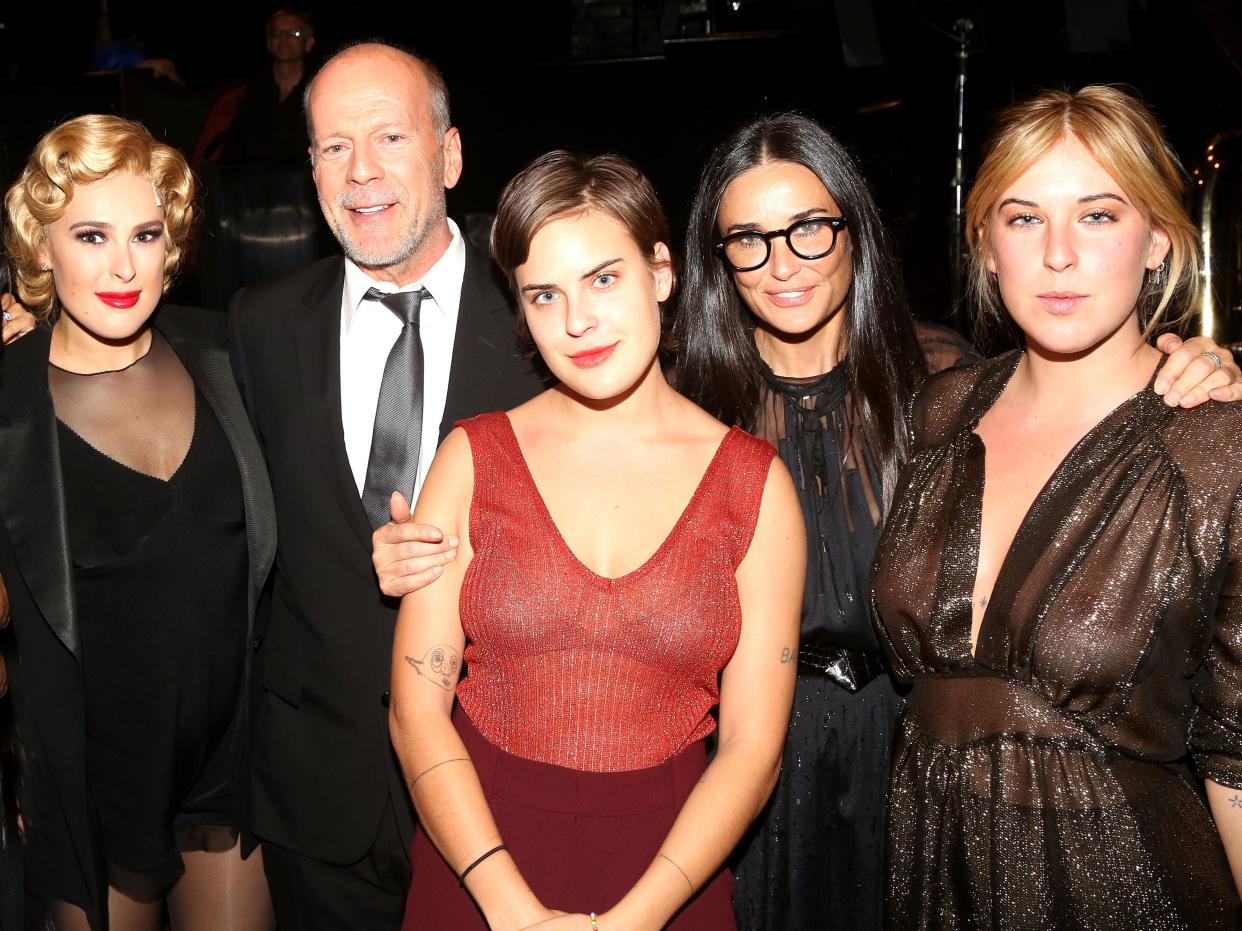 Rumer Willis, father Bruce Willis, sister Tallulah Belle Willis, mother Demi Moore and sister Scout LaRue Willis pose backstage as Rumer makes her broadway debut as "Roxie Hart" in Broadway's "Chicago" on Broadway at The Ambassador Theater on September 21, 2015 in New York City.