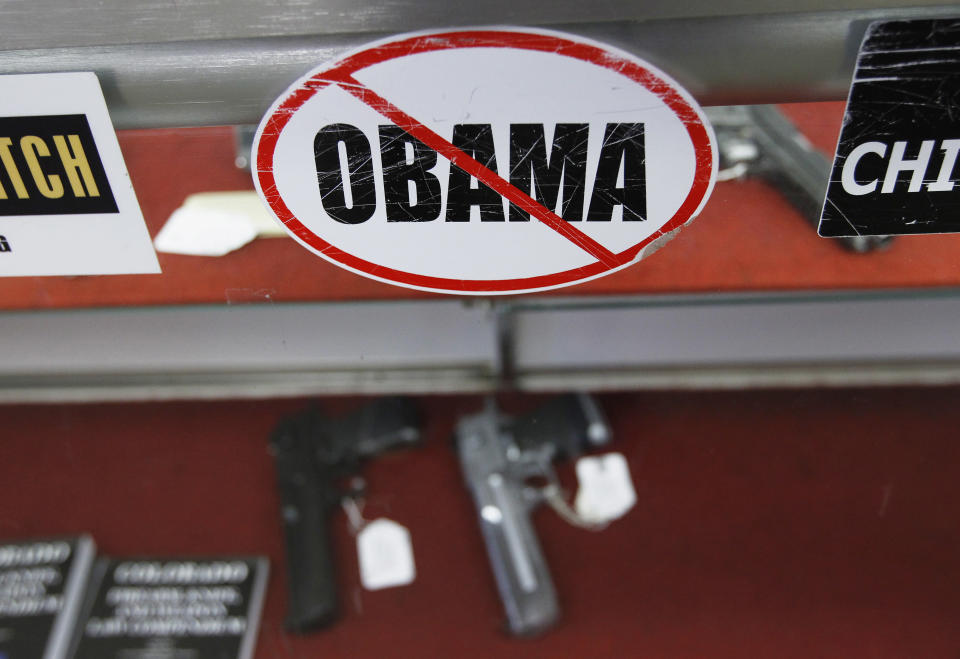 A sticker is seen at the Rocky Mountain Guns and Ammo store in Parker, Colorado