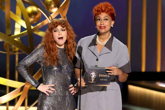<p>Kevin Winter/Getty</p> Natasha Lyonne and Tracee Ellis Ross speak onstage during the 75th Primetime Emmy Awards at Peacock Theater on January 15, 2024 in Los Angeles, California.