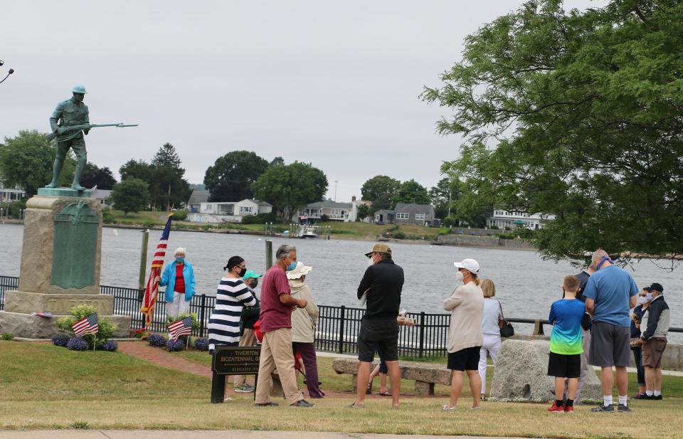 A crowd begins to gather for the annual reading of the Declaration of Independence at the Doughboy statue near Grinnell's Beach in 2020. The event will be held again this year.