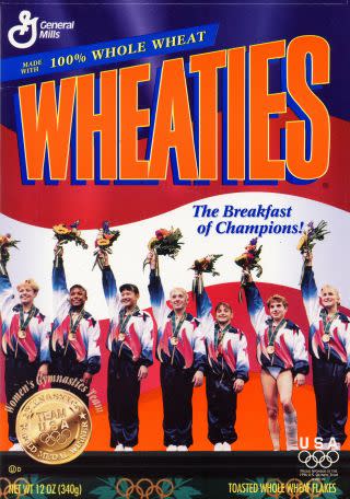 The US Women's Gymnastics team on the Wheaties box.