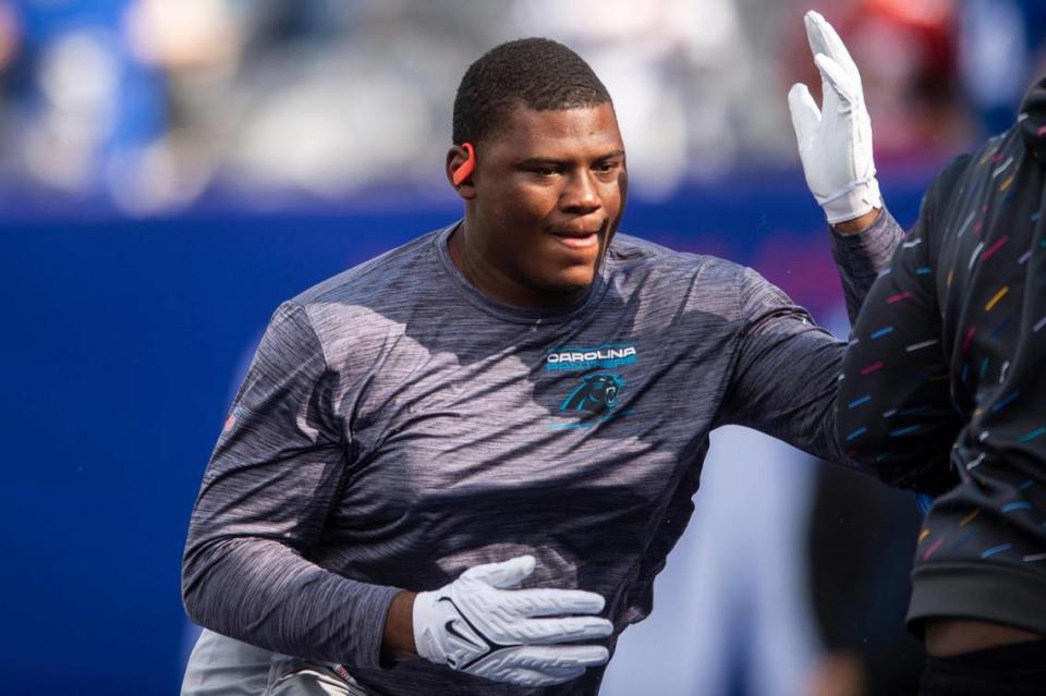 Panthers defensive tackle Derrick Brown runs through defensive drills before the game against the Giants at MetLife Stadium on Sunday, October 24, 2021 in Rutherford, NJ.