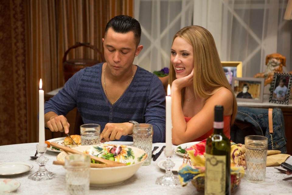 This film image released by Relativity Media shows Joseph Gordon-Levitt, left, and Scarlett Johansson in a scene from "Don Jon". (AP Photo/Relativity Media, Daniel McFadden)