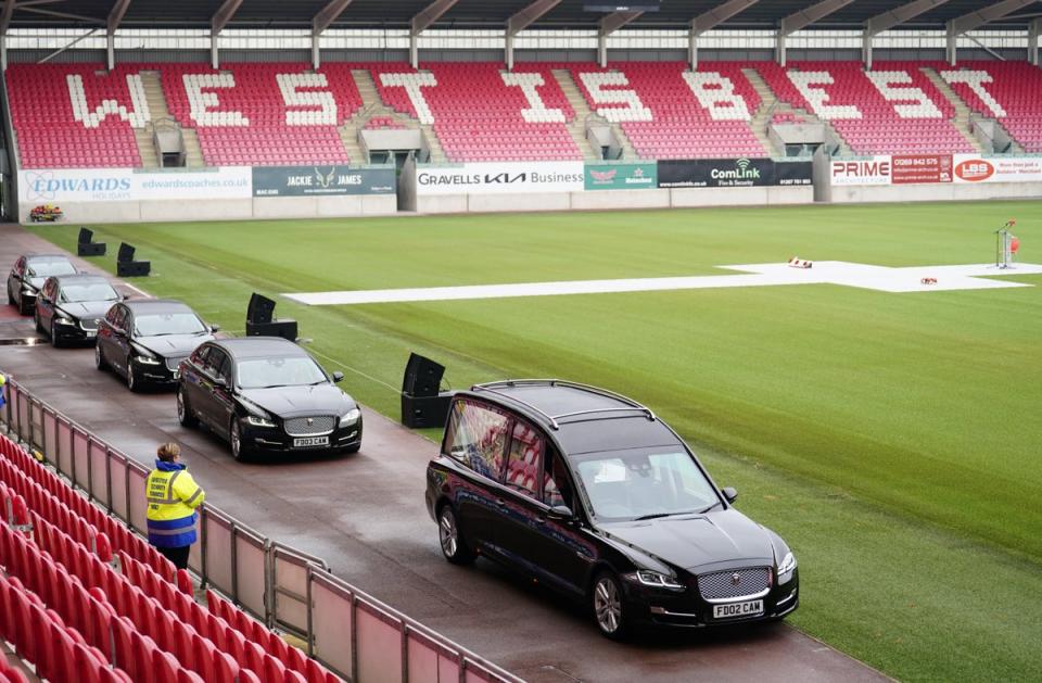 The funeral cortege leaves the stadium after the remembrance service for Phil Bennett, held at the Parc y Scarlets in Llanelli (David Davies/PA) (PA Wire)