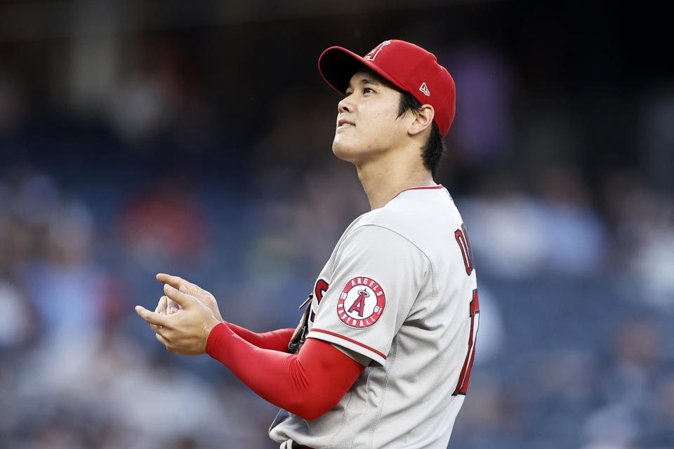 Los Angeles Angels pitcher Shohei Ohtani reacts during the first inning of a baseball game against the New York Yankees on Wednesday, June 30, 2021, in New York. (AP Photo/Adam Hunger)