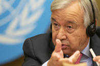 U.N. Secretary-General Antonio Guterres talks to media at a press conference, during the High-Level Ministerial Event on the Humanitarian Situation in Afghanistan, at the European headquarters of the United Nation, in Geneva, Switzerland, Monday, Sept. 13, 2021. (Salvatore Di Nolfi/Keystone via AP)