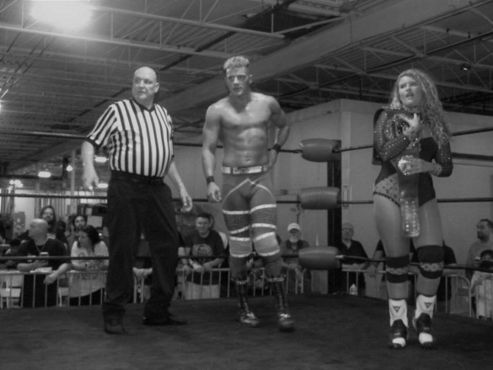 CWF alum referee Bruce Owens, Jake Tucker (”Stacks”) and Marina Tucker (Penelope Pink) during a Coastal Championship Wrestling show in South Florida.