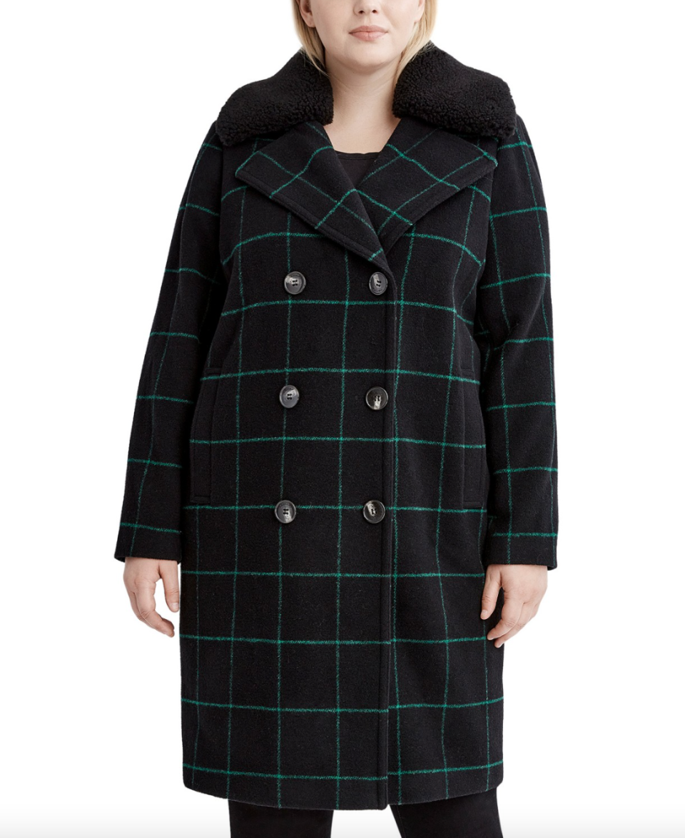 Tahari Plus Size Faux-Fur-Collar Plaid Coat (Photo via Macy's)