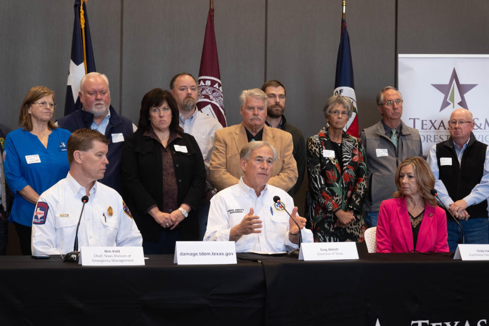 Gov. Greg Abbott speaks about state efforts to fight the Smokehouse Creek Fire and getting assistance to those that need it Friday at a briefing with state emergency officials in Borger.