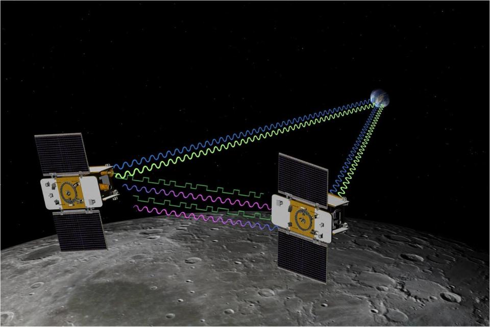 An artist's illustration shows two spacecraft with solar wings connected by squiggly lines representing communications.  The lines extend to the earth;  the spacecraft floats above the moon.