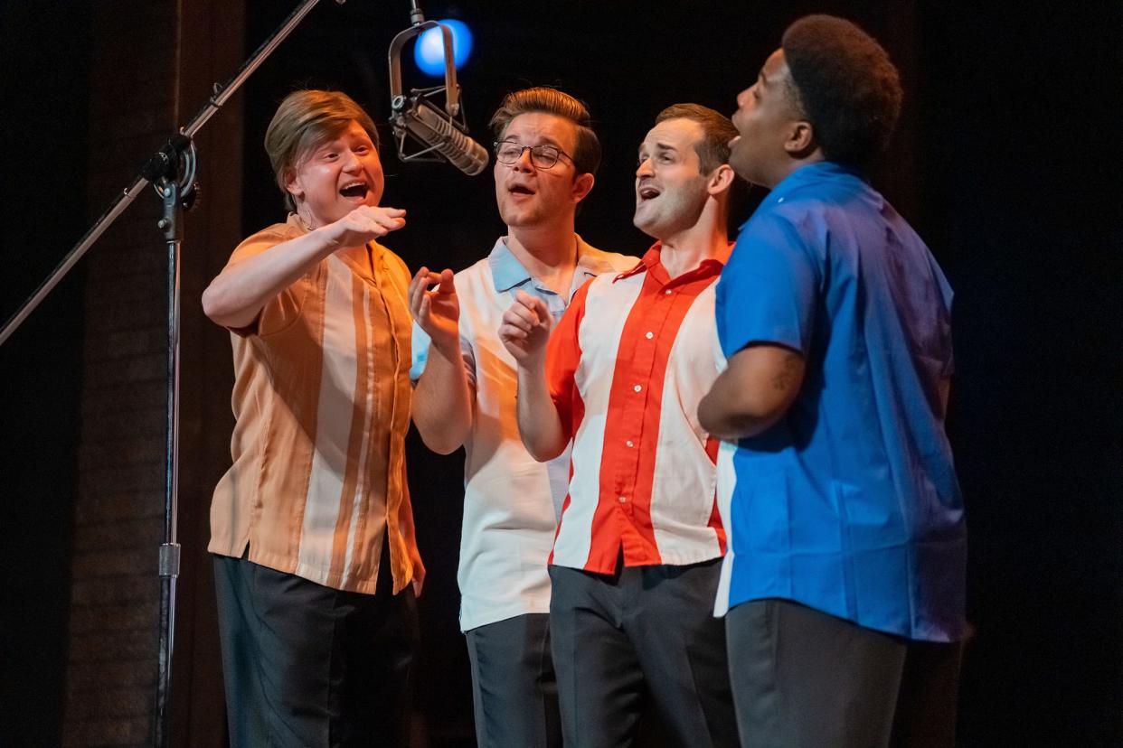 Cordell Smith, Kevin Ludwig, Adam Woolsey and Adam Baker are pictured as the members of the Four Seasons, singing together for the first time, in a scene from "Jersey Boys" at the Croswell Opera House.