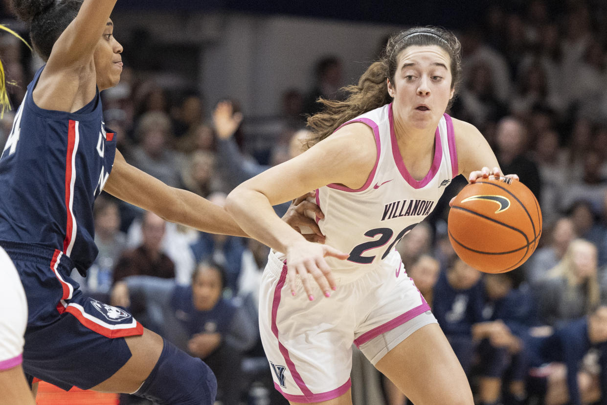 Villanova forward Maddy Siegrist in action against UConn on Feb. 18, 2023, in Villanova, Pennsylvania. (AP Photo/Laurence Kesterson)