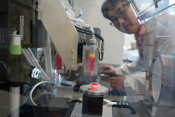 Hyun-Wook Kang oversees the 3D printer that will be used to print miniature organs for the "body on a chip" system.