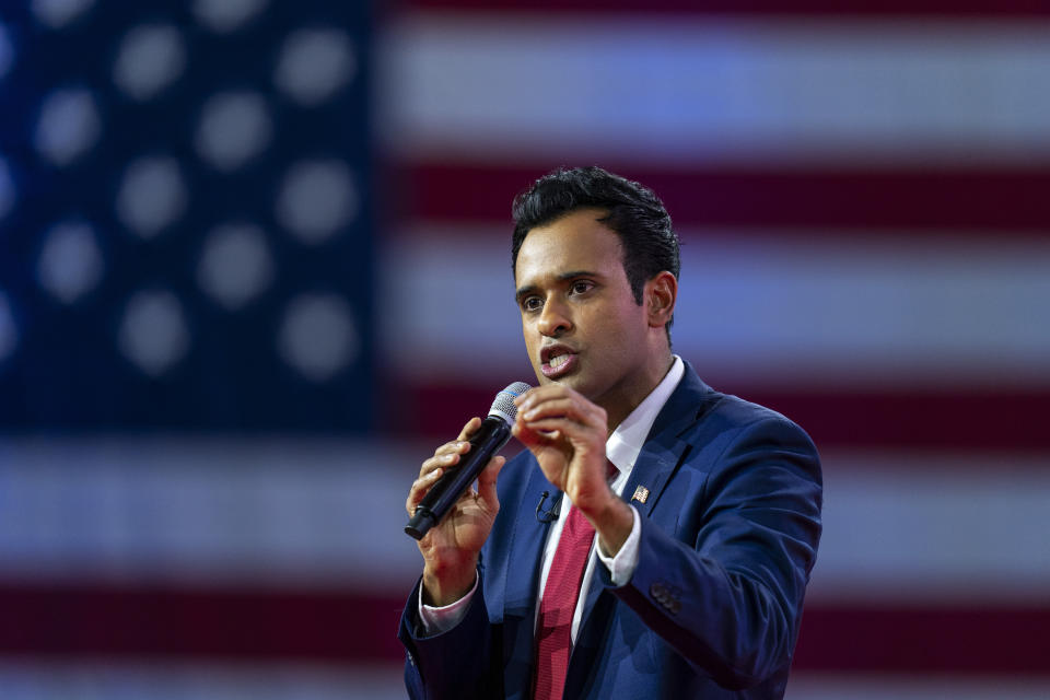 FILE - Vivek Ramaswamy speaks at the Conservative Political Action Conference, CPAC 2023, Friday, March 3, 2023, at National Harbor in Oxon Hill, Md. (AP Photo/Alex Brandon, File)