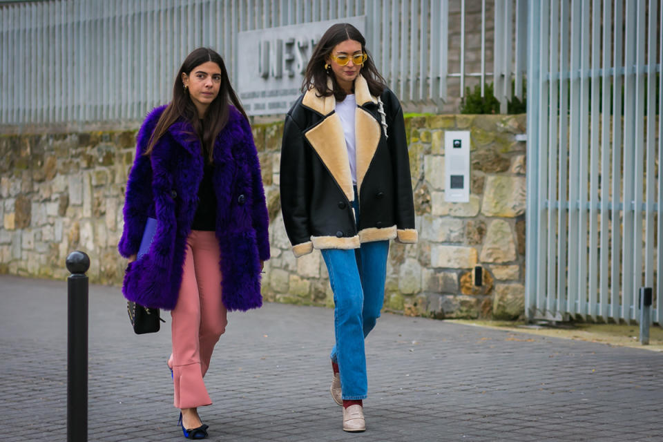 Giorgia Tal and Diletta Bonaiuti show off more great, oversize statement coats that were a hallmark of PFW — not to mention the purple and pink combo Balenciaga made a thing.