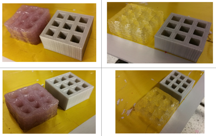 <span class="caption">3D printed xanthan gum with a food dye (left) and transparent gellan gum (right). The grey plastic shape has been 3D printed using the same image for comparison.</span> <span class="attribution"><span class="license">Author provided</span></span>