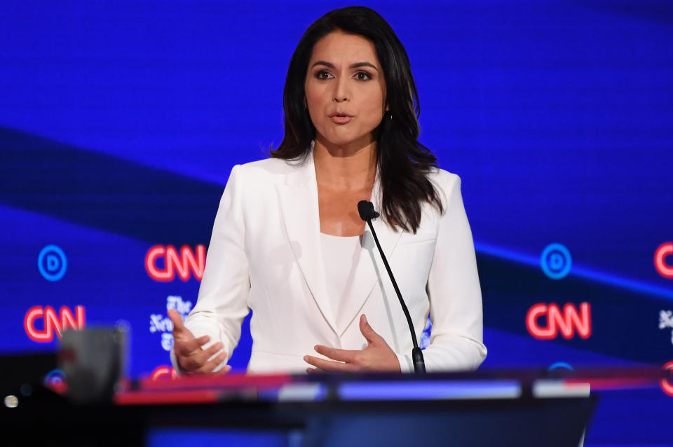 Representative for Hawaii Tulsi Gabbard speaks onstage during the fourth Democratic primary debate of the 2020 presidential campaign season in Westerville, Ohio on October 15, 2019. | Saul Loeb—AFP via Getty Images