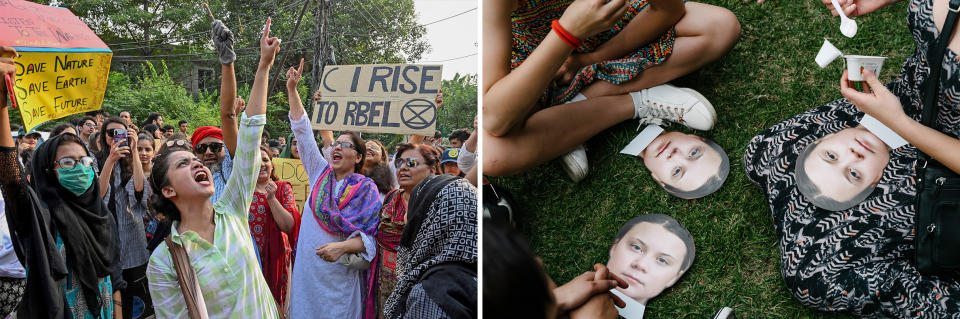 ASIA: Fridays for Future activists protest climate inaction in September in Lahore, Pakistan; AUSTRALIA: Demonstrators bring Greta Thunberg masks to an environmental protest in Melbourne in September | Arif Ali—AFP/Getty Images; Alana Holmberg—The New York Times/Redux