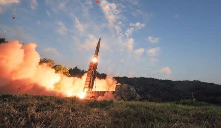 South Korean troops fire Hyunmoo Missile into the waters of the East Sea at a military exercise in South Korea September 4, 2017. Defense Ministry/Yonhap/via REUTERS