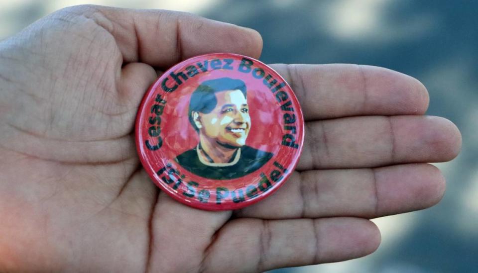 Participants at the July 26, 2024 celebration of Cesar Chavez Boulevard in southeast Fresno received a commemorative pin.