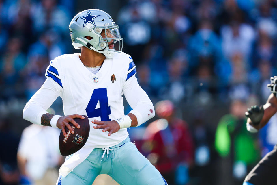 CHARLOTTE, NORTH CAROLINA - NOVEMBER 19: Dak Prescott #4 of the Dallas Cowboys throws the ball during the first half of an NFL game against the Carolina Panthers at Bank of America Stadium on November 19, 2023 in Charlotte, North Carolina. (Photo by David Jensen/Getty Images)
