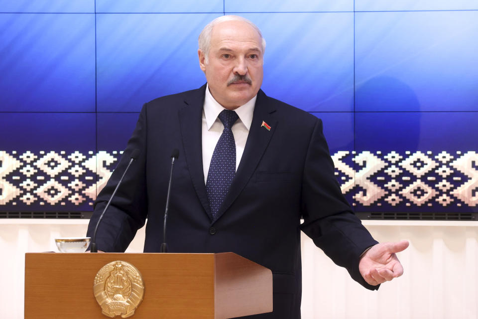 Belarus President Alexander Lukashenko speaks during a meeting with officials in Minsk, Belarus, Friday, July 23, 2021. (Nikolay Petrov/BelTA Pool Photo via AP)