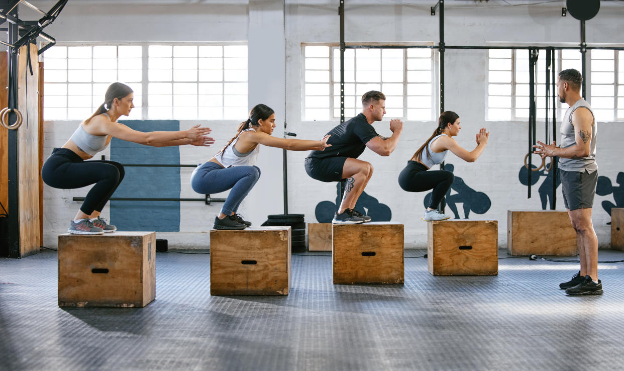 Box jumps specifically target your quads, glutes, hamstrings and core. (Getty Images)