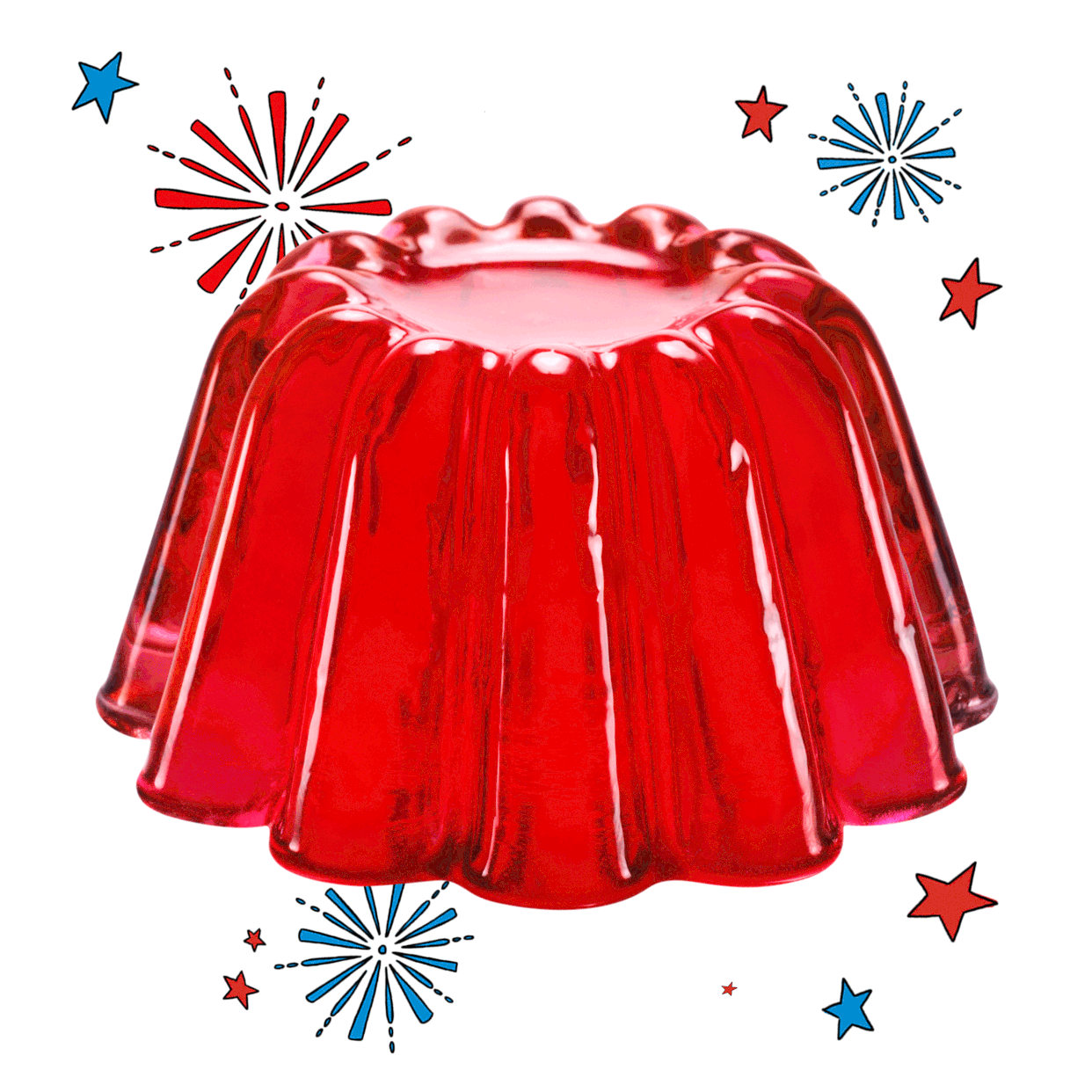 Red Jell-O with fireworks and stars bursting in the background