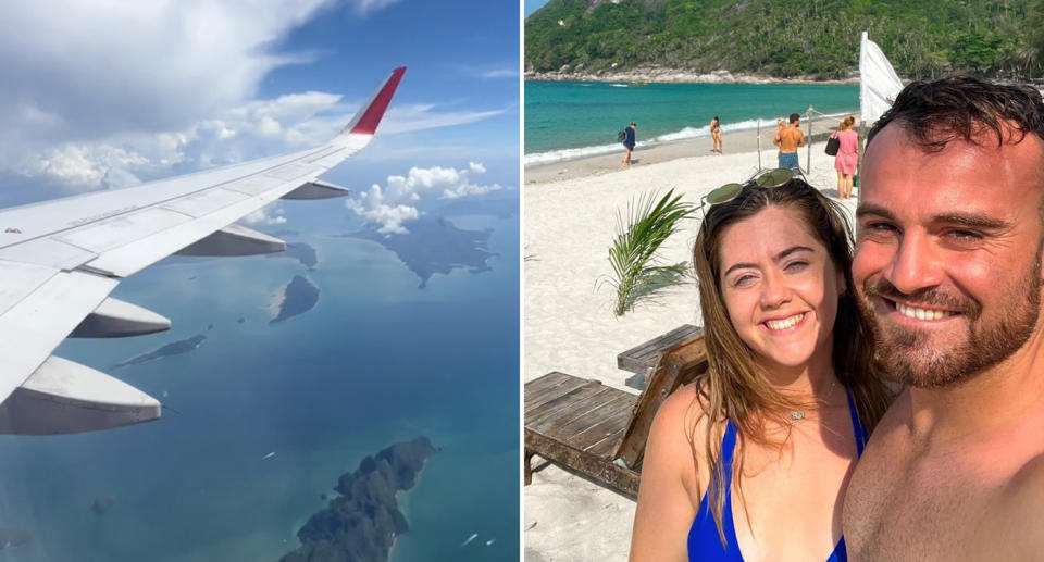 Left, a plane in the air. Right, Mark and Nadine on a beach in Thailand. 