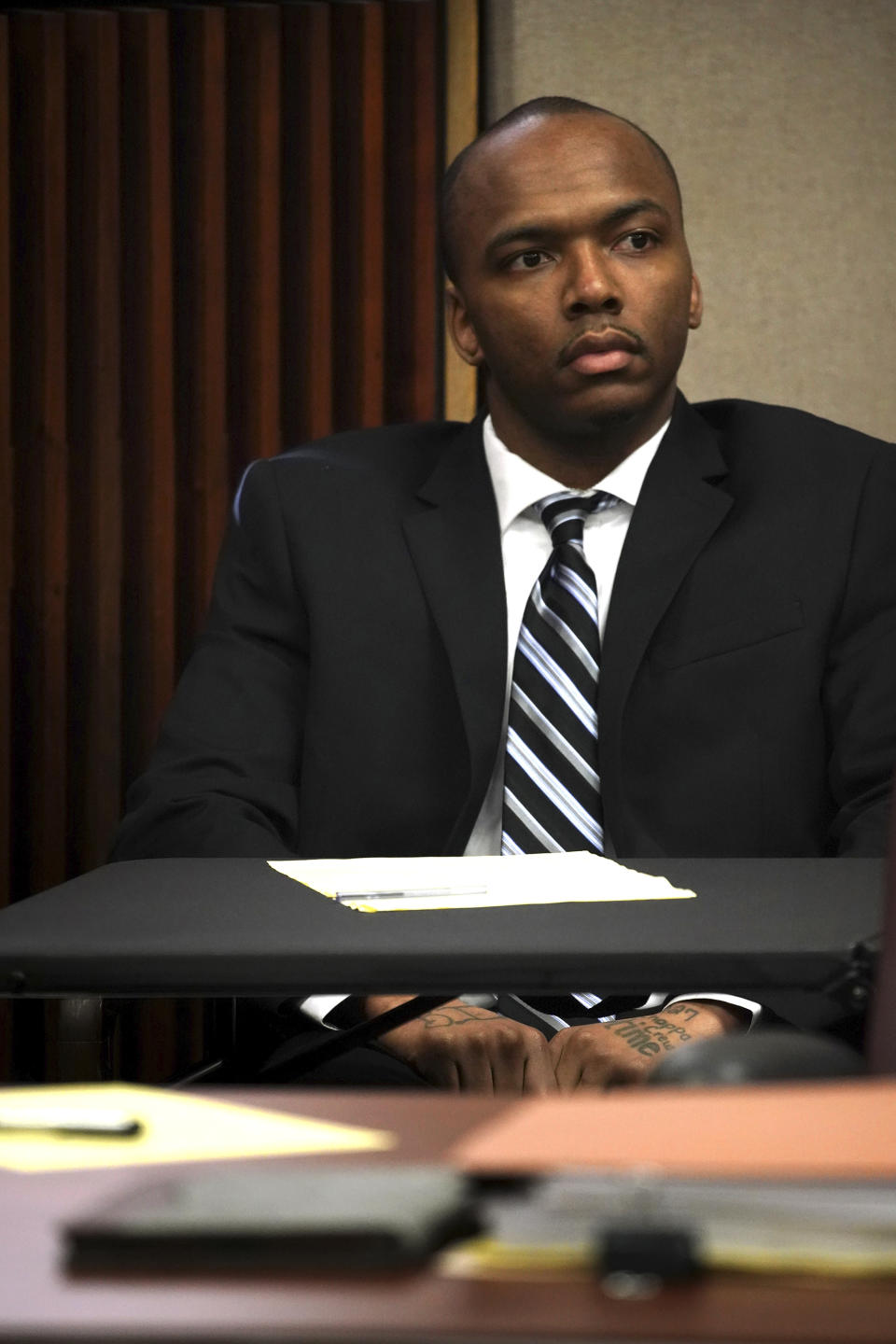 Dwright Doty appears during opening statements in his trial for the murder of 9-year-old Tyshawn Lee at the Leighton Criminal Court building in Chicago on Tuesday, Sept. 17, 2019. Doty and Corey Morgan are on trial after being with first-degree murder in connection to the 2015 slaying. (E. Jason Wambsgans/Chicago Tribune via AP, Pool)