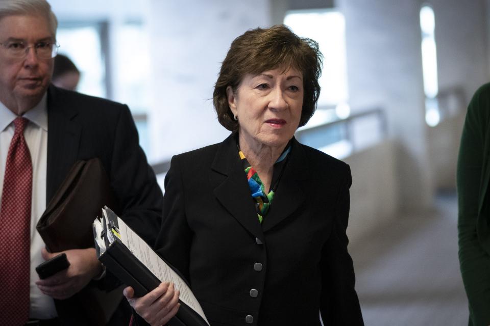 Sen. Susan Collins, R-Maine, arrives for a meeting with a select group of Senate Republicans, Senate Democrats, and Trump administration officials in the Hart Senate Office Building on Capitol Hill March 20, 2020 in Washington.