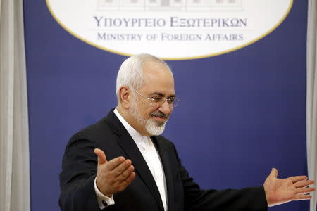 Iranian Foreign Minister Mohammad Javad Zarif gestures after a joint news conference with his Greek counterpart Nikos Kotzias in Athens May 28, 2015. Zarif said on Thursday he hoped Tehran and world powers would reach a final nuclear deal "within a reasonable period of time" but this would be hard if the other side stuck to what he called excessive demands. REUTERS/Alkis Konstantinidis