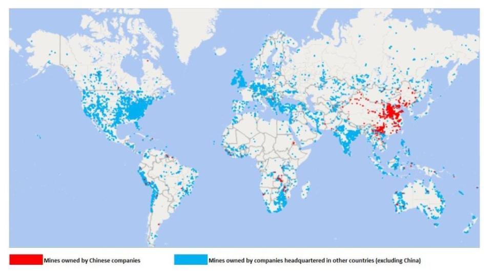 Chinese companies (red on map) have invested significantly in both domestic and international mine projects. Map shows mine location and headquarters country of private equity owner. Credit: GlobalData.