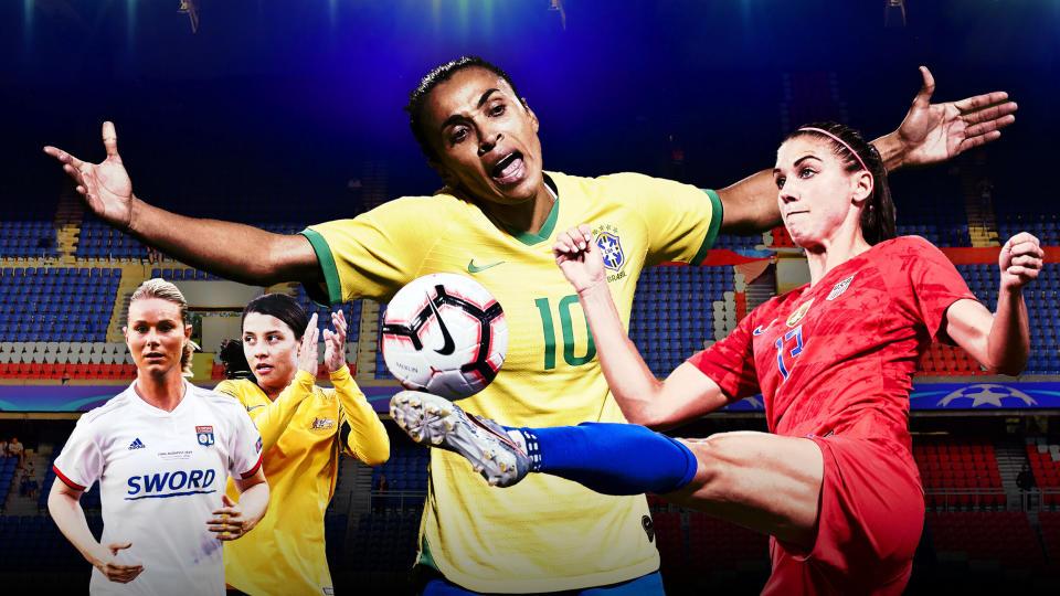 Watch for amazing athletes like Amandine Henry of France, Sam Kerr of Australia, Marta of Brazil and Alex Morgan of the United States (left to right). (Photo: HuffPost Illustration/Getty Images)