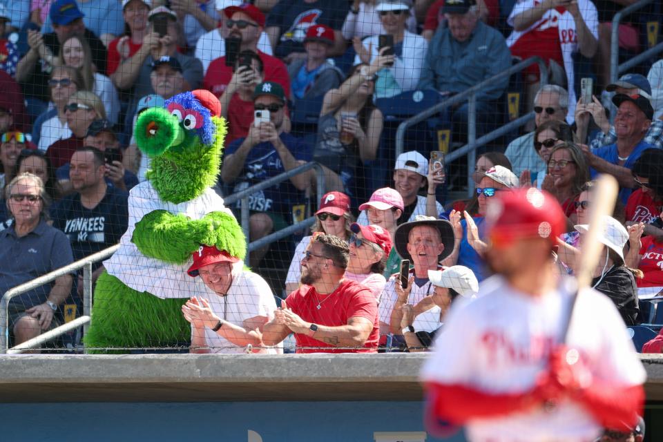 Feb 25, 2024; Clearwater, Florida, USA; Philadelphia Phillies mascot Phanatic entertains the crowd during a game against the New York Yankees at BayCare Ballpark. Mandatory Credit: Nathan Ray Seebeck-USA TODAY Sports