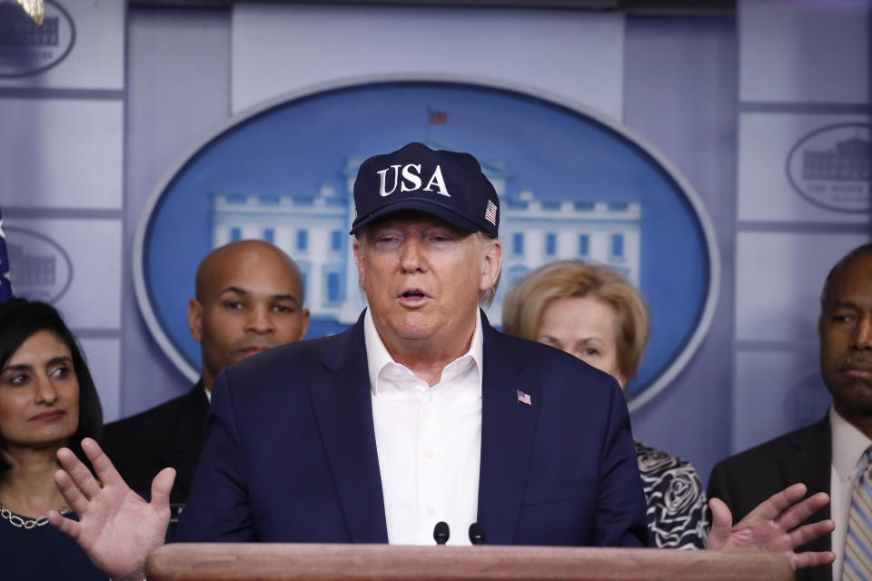 President Donald Trump speaks during briefing on coronavirus in the Brady press briefing room at the White House, Saturday, March 14, 2020, in Washington. (AP Photo/Alex Brandon)