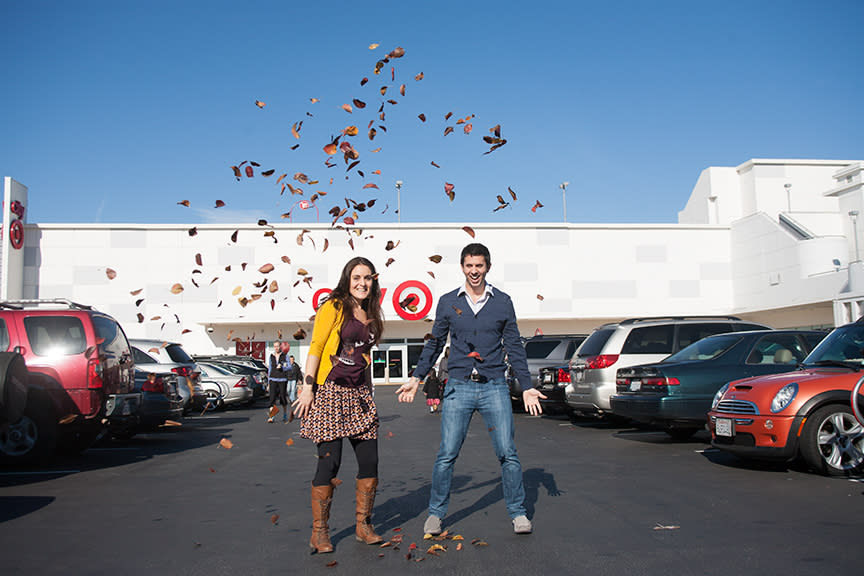 <div class="caption-credit">Photo by: Malia Moss</div>"Leaves. People are always throwing leaves," says Schembari. The couple tried a number of settings including the beach and Speed's office. They finally settled on this photo in the parking lot at Target. <p> Also on Shine: <br> </p> <p> <a href="http://yhoo.it/GPAsAs" rel="nofollow noopener" target="_blank" data-ylk="slk:Wedding Boasts 80 Bridesmaids. That's a Whole Lot of Taffeta" class="link rapid-noclick-resp">Wedding Boasts 80 Bridesmaids. That's a Whole Lot of Taffeta</a> </p> <p> <a href="http://yhoo.it/1lPK0J0" rel="nofollow noopener" target="_blank" data-ylk="slk:Couple Kills It With Friday the 13th Engagement Photos" class="link rapid-noclick-resp">Couple Kills It With Friday the 13<sup>th</sup> Engagement Photos</a> </p> <p> <a href="http://yhoo.it/K6rb84" rel="nofollow noopener" target="_blank" data-ylk="slk:Action Heroes, Ninja Assassins Make Gamer's Dream Wedding Come Tru" class="link rapid-noclick-resp">Action Heroes, Ninja Assassins Make Gamer's Dream Wedding Come Tru</a>e </p>