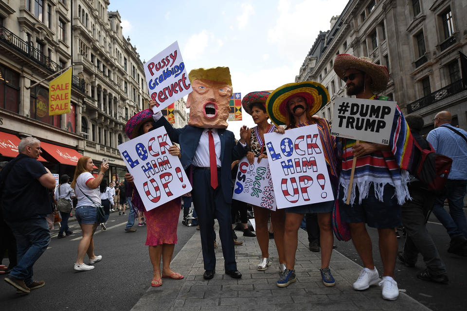 <p>Protesters take part in a demonstration against President Trump’s visit to the UK on July 13, 2018 in London, England. (Photo: Chris J Ratcliffe/Getty Images) </p>