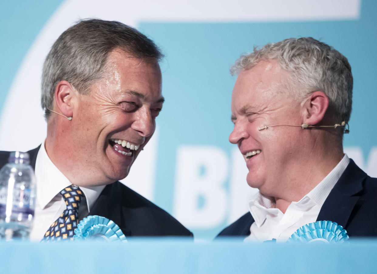 Brexit Party leader Nigel Farage (left) and Brexit Party parliamentary candidate Mike Greene (right) during a Brexit Party rally at the Broadway Theatre in Peterborough ahead of the upcoming by-election.