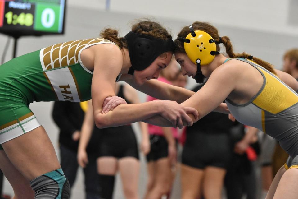 Woodward-Granger's Katelyn Brandhorst wrestles an opponent during the Central Iowa Kickoff on Saturday, Nov. 18, 2023, in Nevada.