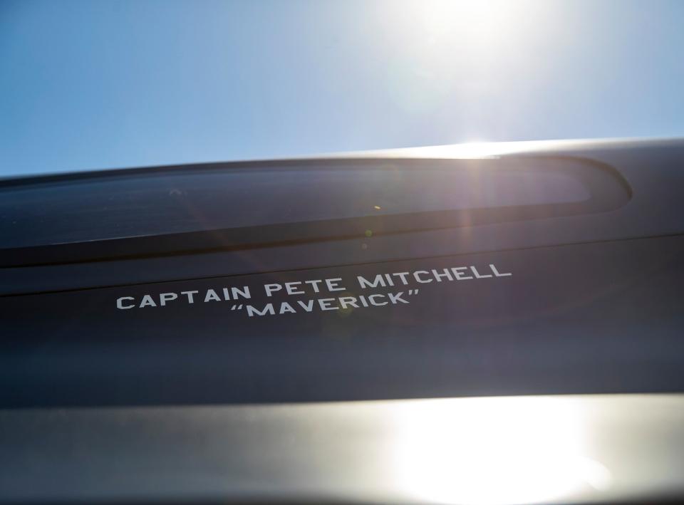 Captain Pete Mitchell's name is seen on the side of the cockpit of the "Darkstar," a fictitious hypersonic "plane" featured in "Top Gun: Maverick" at the Palm Springs Air Museum in Palm Springs, Calif., Saturday, Feb. 10, 2024.