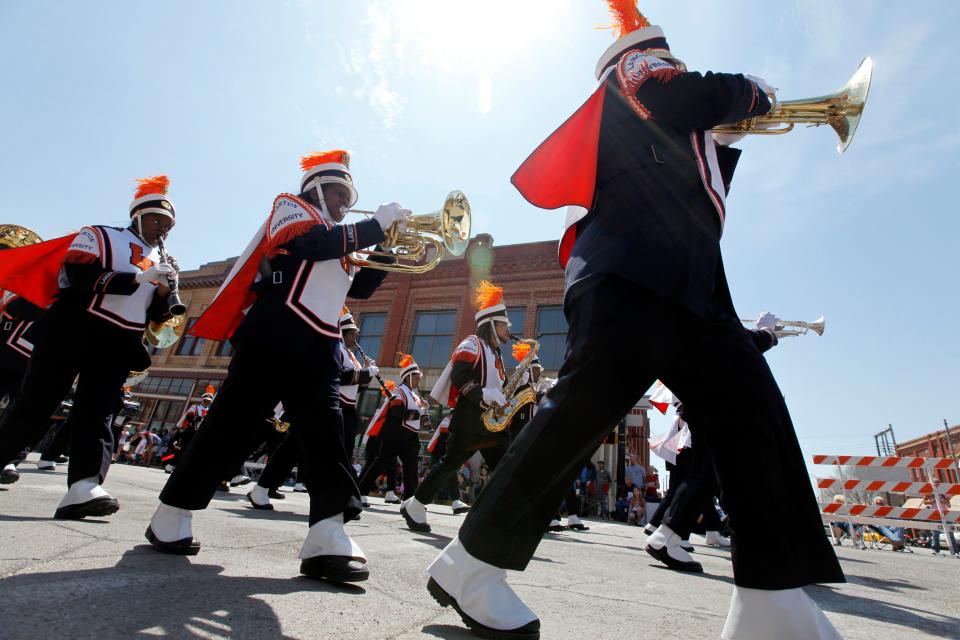 The Langston University band marches April 19, 2014, in the 89er Day Parade in Guthrie.