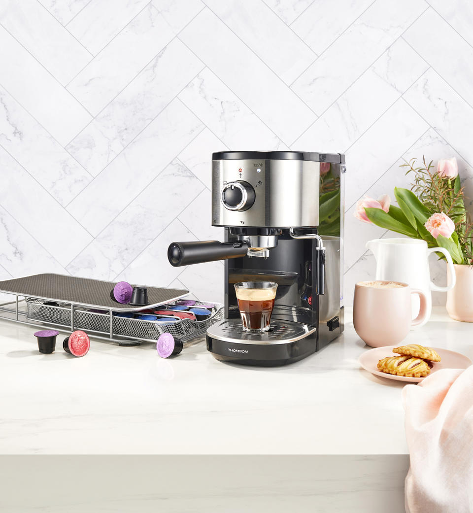 Thomson Espresso Maker with Milk Frother, $99.99 from Coles' Mother's Day Best Buys range. Photo: Coles (supplied).