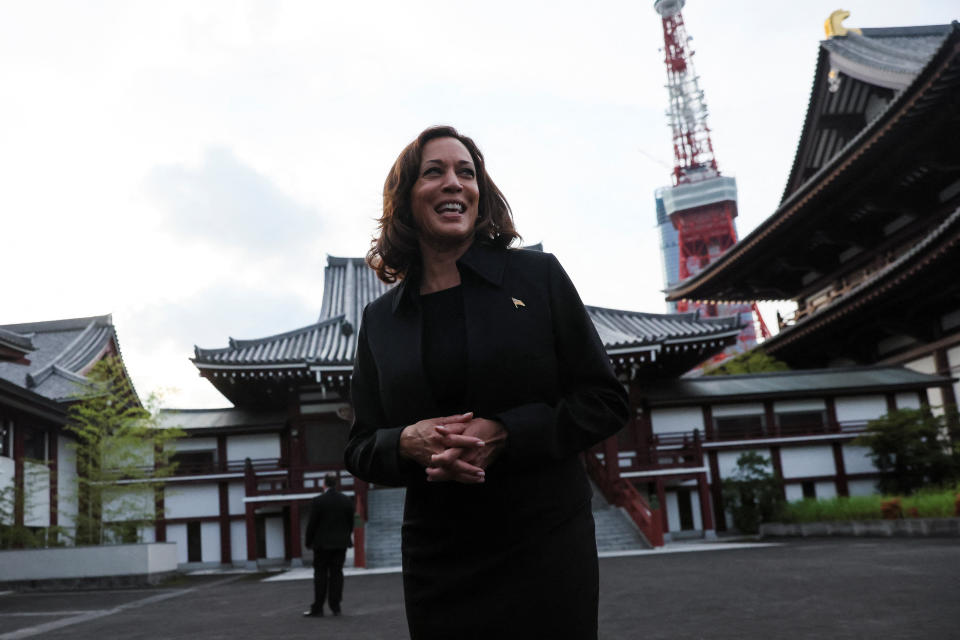 U.S. Vice President Kamala Harris speaks to the media during her visit to Zojoji Temple on the day of the state funeral for slain former Prime Minister Shinzo Abe, in Tokyo, Japan September 27, 2022. REUTERS/Leah Millis/Pool