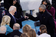 <p>Before being sworn in as the 46th President of the United States, Joe Biden exchanges a jovial fist bump with Barack Obama, under whom he served as Vice President from 2008-2016, developing <a href="https://people.com/politics/joe-biden-and-barack-obama-close-bond-through-the-years/" rel="nofollow noopener" target="_blank" data-ylk="slk:a close bond.;elm:context_link;itc:0;sec:content-canvas" class="link ">a close bond.</a></p>