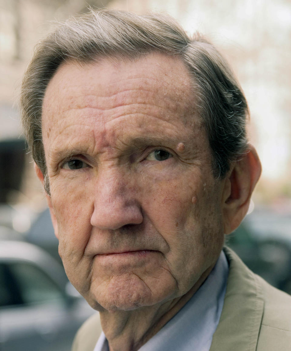 FILE - This Tuesday March 28, 2006 file photo shows former U.S. Attorney General Ramsey Clark in New York. Ramsey Clark, the attorney general in the Johnson administration who became an outspoken activist for unpopular causes and a harsh critic of U.S. policy, has died, Friday, April 9, 2021. He was 93. (AP Photo/Jim Cooper, File)