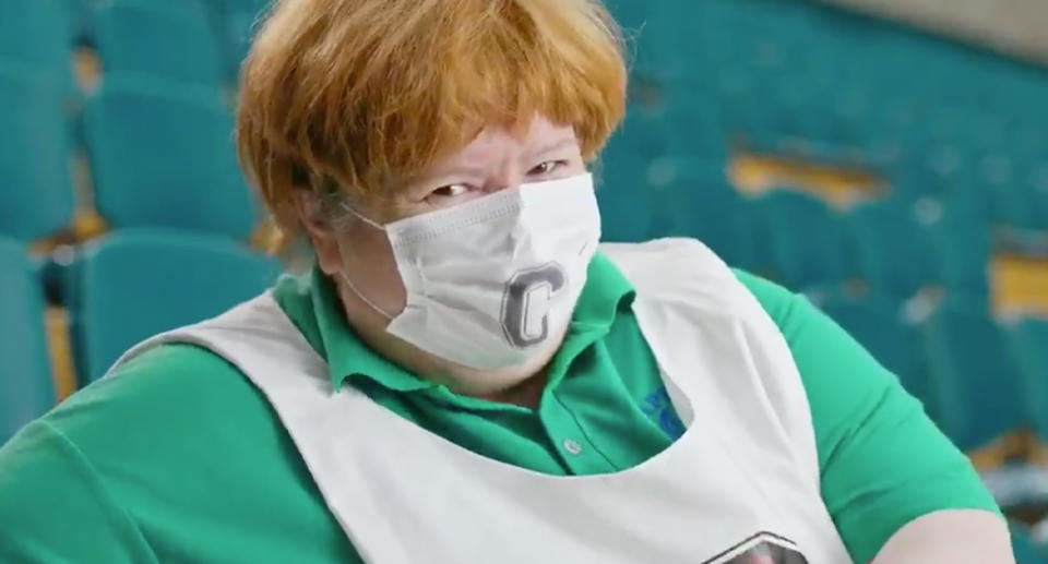 Magda Szubanski as her Kath and Kim character Sharon Strzelecki in coronavirus ad.