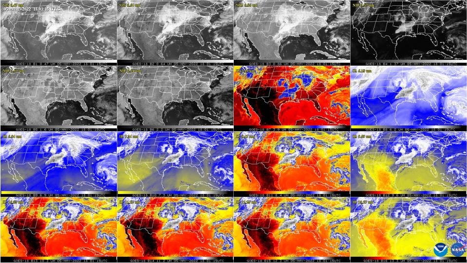 This GOES-18 image shows the contiguous United States observed by each of the ABI’s 16 channels on May 5, 2022. This 16-panel image shows the ABI’s two visible, four near-infrared and 10 infrared channels. The visible and near-IR bands are gray-colored, while the infrared bands have the warmer brightness temperatures mapped to warmer colors. The different appearance of each band is due to how each band reflects or absorbs radiation. Each spectral band was scanned at approximately the same time, starting at 18 UTC.