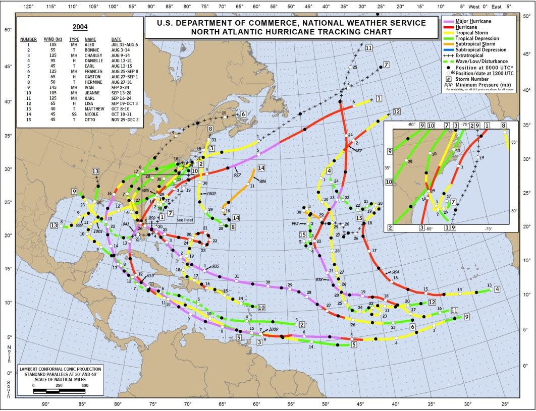 The "mean" hurricane season of 2004 saw four hurricanes make landfall in Florida, Charley, Frances, Ivan and Jeanne.