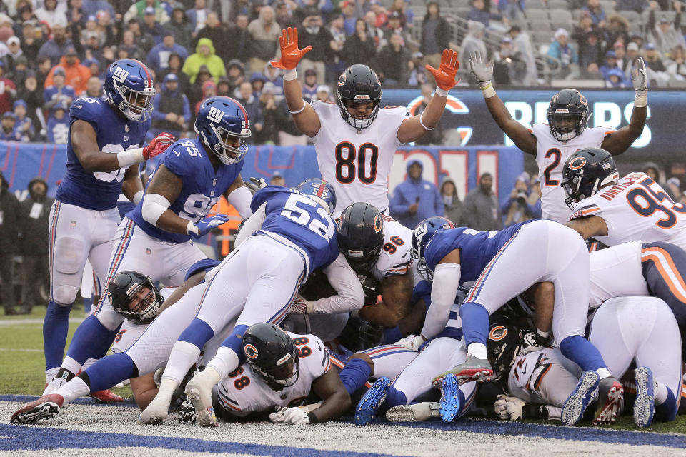 Chicago Bears defensive end Akiem Hicks (96) dives in for a touchdown run against the New York Giants during the first half of an NFL football game, Sunday, Dec. 2, 2018, in East Rutherford, N.J. (AP Photo/Seth Wenig)